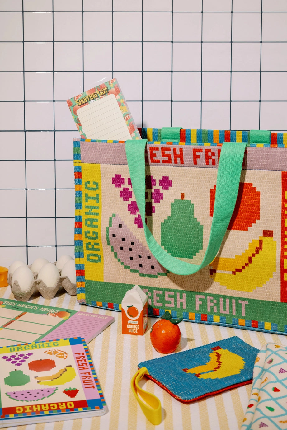 Fruit Tiles Rattan Market Bag - Image 2